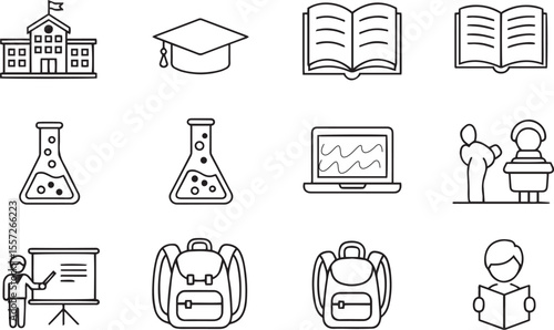 school icons silhouette set, education mini icons vector, black and white school icons, school supplies silhouette vector, student tools icon set, back to school icon silhouettes, classroom items