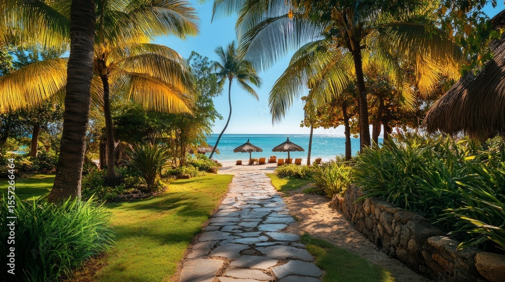 Tropical beach with palm trees and lounge chairs by the ocean. Suitable for travel brochures, travel and vacation websites. Tropical beach with palm trees and lounge chairs by the ocean. Suitable for travel brochures, travel and vacation websites.