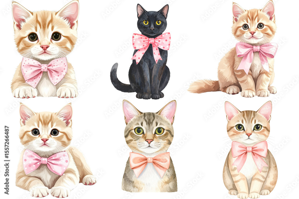 Fototapeta Watercolor clipart of cute animals with pink bow accessories