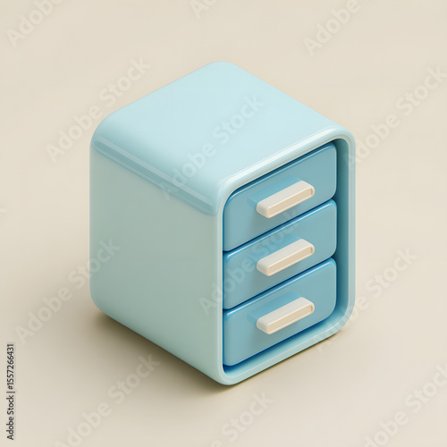 A small, light blue storage cube with three drawers and white handles sits on a beige surface.