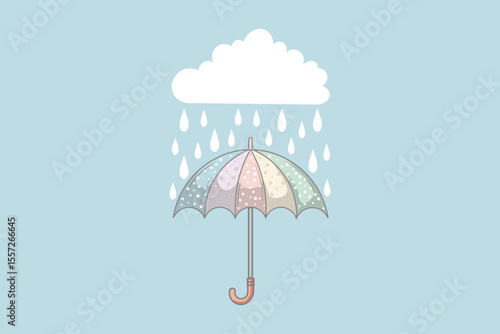 Pastel vector umbrella with raindrops, flat design rainy day concept, cartoon style artwork suitable for nursery graphics, wall decor, and web backgrounds
