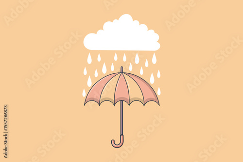 Umbrella in the rain cartoon illustration, flat vector drawing with droplets and soft background, cute rainy season theme for children’s media and seamless patterns
