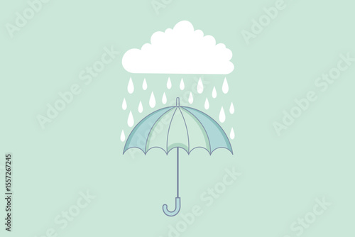Whimsical umbrella under falling rain, vector cartoon flat design, pastel theme weather illustration for kids’ books, fabric patterns, and background use
