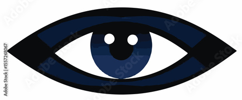 A bold vector image of a stylized eye, featuring a dark blue iris with two white highlights and black pupils, set within a black and blue lid design.