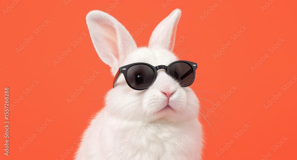 Fototapeta premium White rabbit wearing trendy black sunglasses in a studio shot on orange background