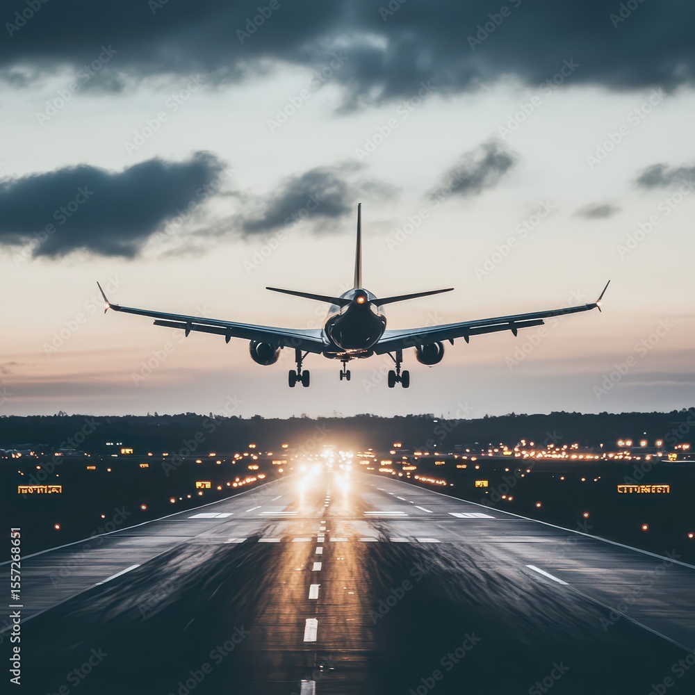 Airplane landing at twilight on a busy runway Airplane landing at twilight on a busy runway