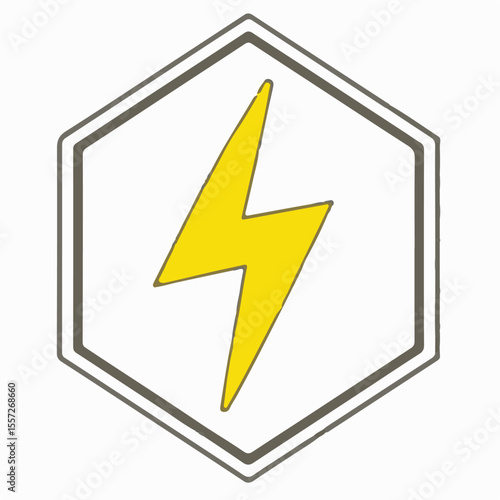 
A striking vector image featuring a bold yellow lightning bolt symbol centered within a white hexagon, all outlined in grey.