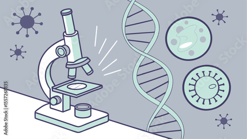 DNA Test with Microscope – Vector Science Illustration Genetic Testing and Microscope – Adobe Illustrator Art DNA Analysis Process in Lab – Flat Vector Design