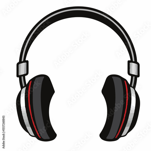 A stylized vector illustration of over-ear headphones with black earcups featuring red and silver accents, connected by a black headband.