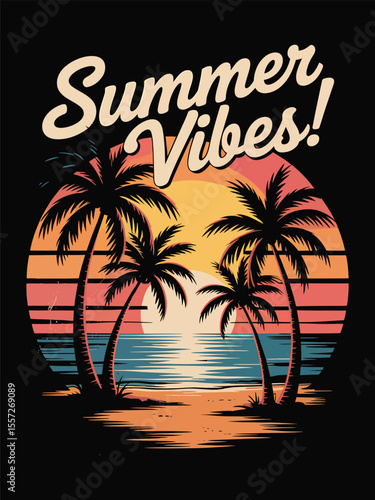 Summer Vibes Retro Sunset Beach Scene with Palm Trees