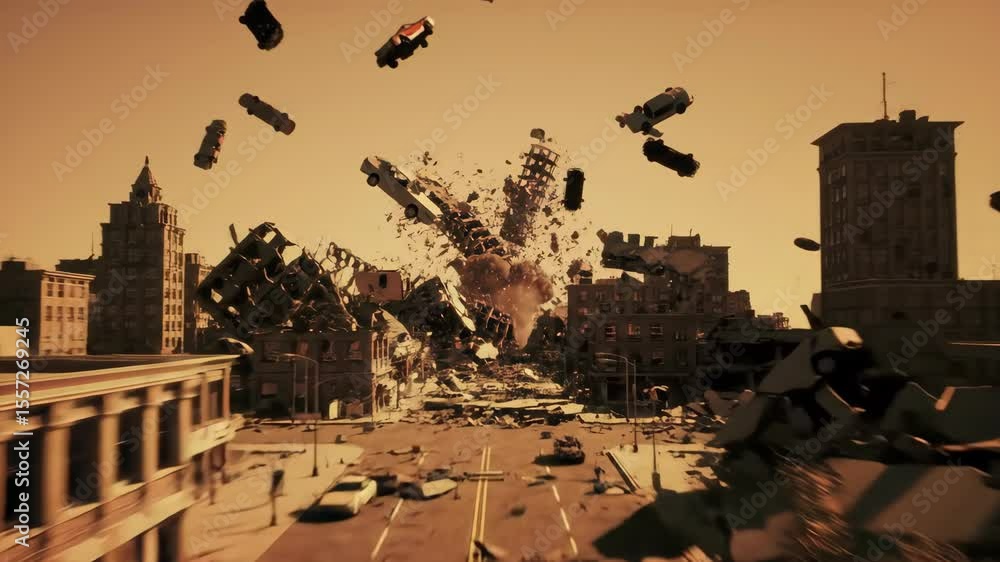 Cityscape destroyed by nuclear war with buildings collapsing and cars