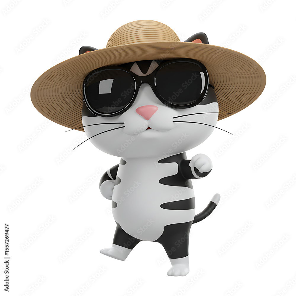 Naklejka premium Cute Cartoon Cat Wearing Sunglasses and Straw Hat