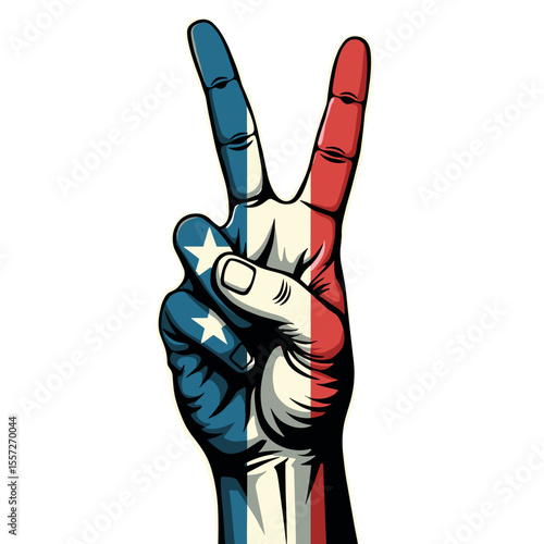 Patriotic hand showing peace sign, colored with a flag, with space for text