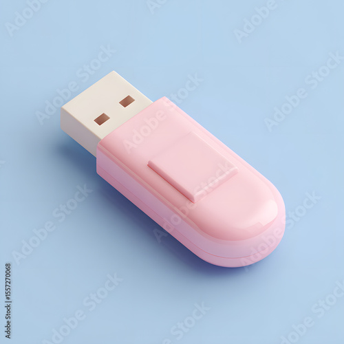 A bright pink USB flash drive sits on a light blue surface, angled for a three-dimensional view.