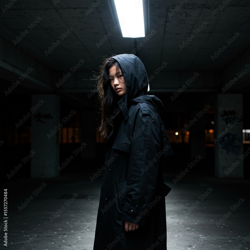 Naklejka premium A young woman in a dark coat and hood stands in a dimly lit, urban, underground space.