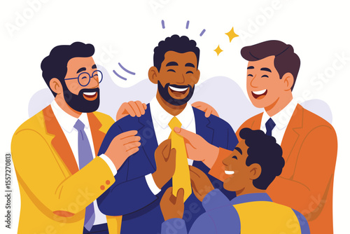 Groom and Groomsmen Getting Ready Together – Fun, Supportive Wedding Moment Illustration