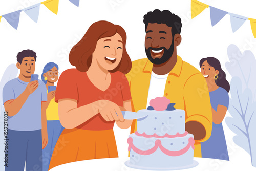 Happy Interracial Couple Cutting Cake at Celebration Party with Friends Taking Photos – Flat Vector Illustration