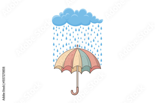 Rainy sky with umbrella in cartoon flat vector design, pastel raindrops falling down, creative seamless illustration for kids art, fabric, and web use
