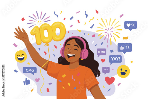 Joyful Influencer Celebrating 10K Followers with Confetti, Balloons, and Social Media Reactions – Flat Vector Illustration