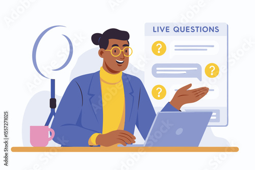 Live Streaming Host Answering Chat Questions with Ring Light and Laptop – Flat Vector Illustration