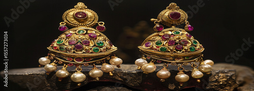 Antique gold jhumka earrings feature pearl drops, rubies and emeralds. The earrings are detailed to add character for cultural and festive occasions.