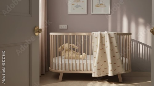 Neutral nursery decor with round wooden crib and cream blanket