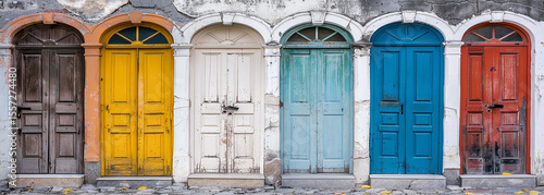 Five brightly-colored doors stand side-by-side. The doors feature arched frames and are shades of red, brown, green, and blue. The image is part of a set of images.