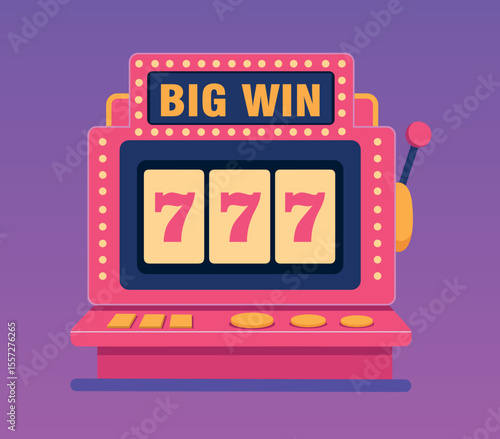  Slot machine 777, casino. Vector bright illustration of thematic banner for gambling and casino. Pink slot machine icon on light background. Flat design template for casino projects and advertising