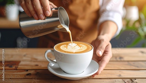 barista making latte art on coffee, milk pouring