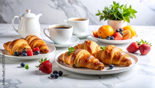 breakfast with croissants, coffee, and fruit on marble background