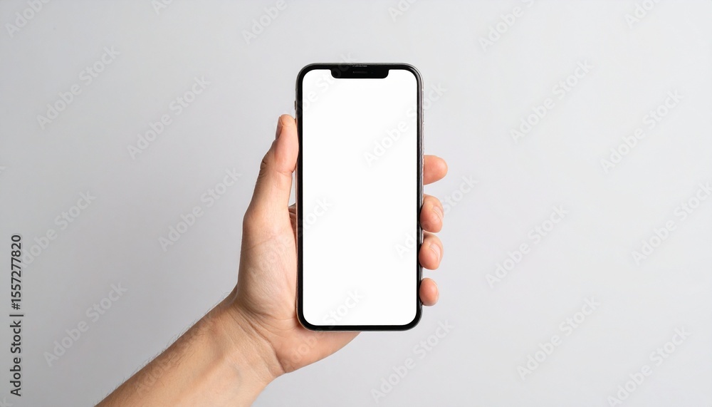 Phone mockup with blank white screen held by hand with clean background Phone mockup with blank white screen held by hand with clean background