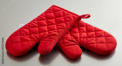 two pairs of red comfortable oven mitts in white clean background