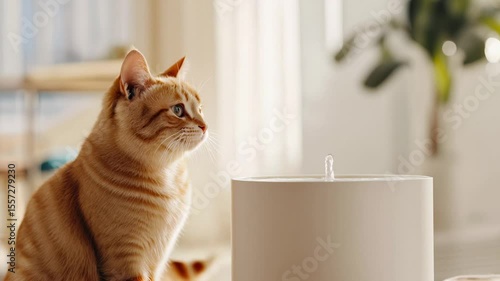 A ginger tabby cat intently watches a modern pet water fountain indoors, in a soft-lit and minimalistic home environment.
