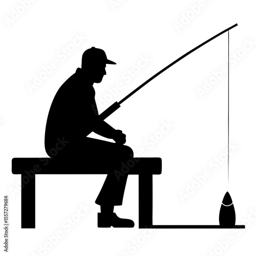 Fisherman Silhouette Sitting with Fishing Rod