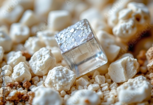 macro shot of anglesite mineral forming perfect cubic crystals with white glossy surfaces reflecting ambient light.