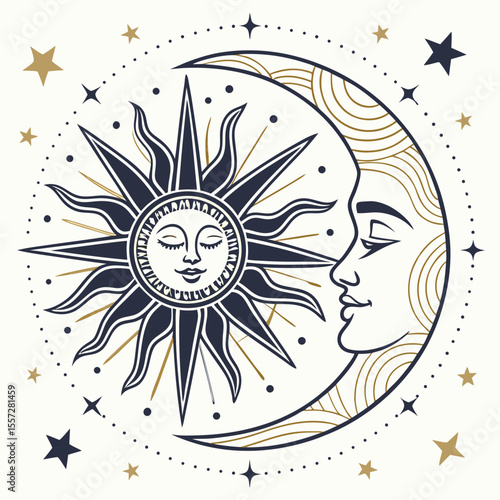 Stylized sun and crescent moon with stars celestial illustration