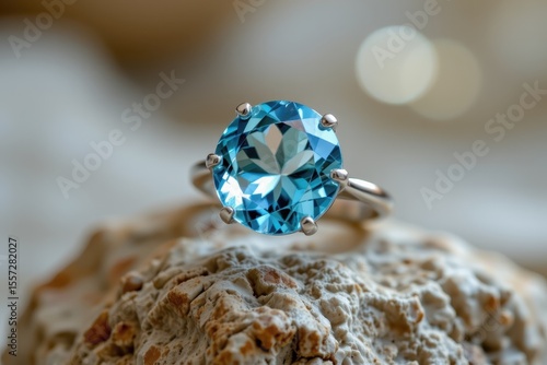 detailed render of blue aquamarine crystal in minimalist ring, cool oceanic hues symbolizing calm and clarity, trending in modern jewelry.