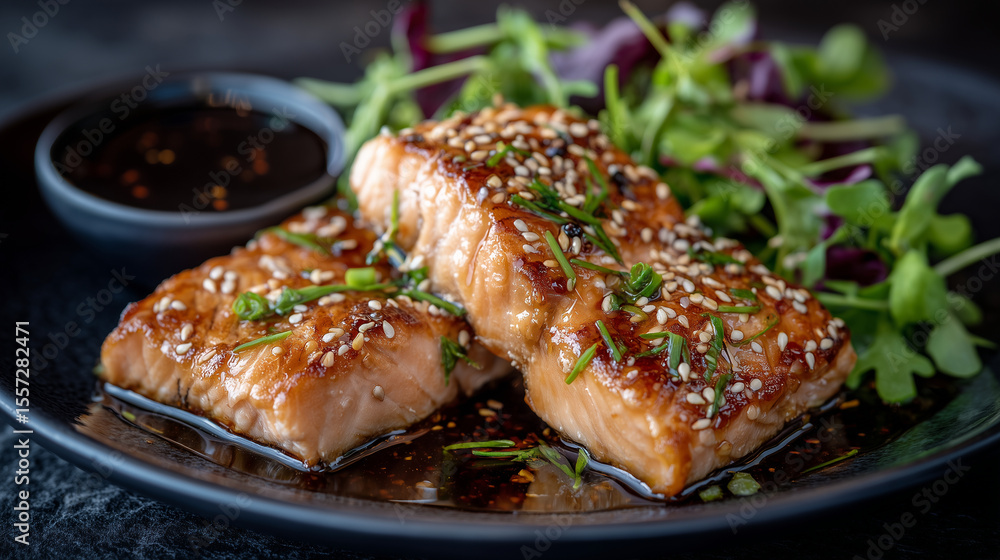 Close-up of tender salmon tataki slices garnished with crunchy sesame seeds, plated with a fresh herb salad and a side of wasabi soy sauce on a sleek black plate, embodying healthy Close-up of tender salmon tataki slices garnished with crunchy sesame seeds, plated with a fresh herb salad and a side of wasabi soy sauce on a sleek black plate, embodying healthy