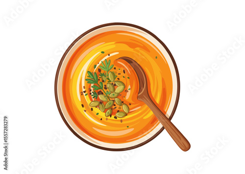 Warm bowl of butternut squash soup with garnish and wooden spoon 