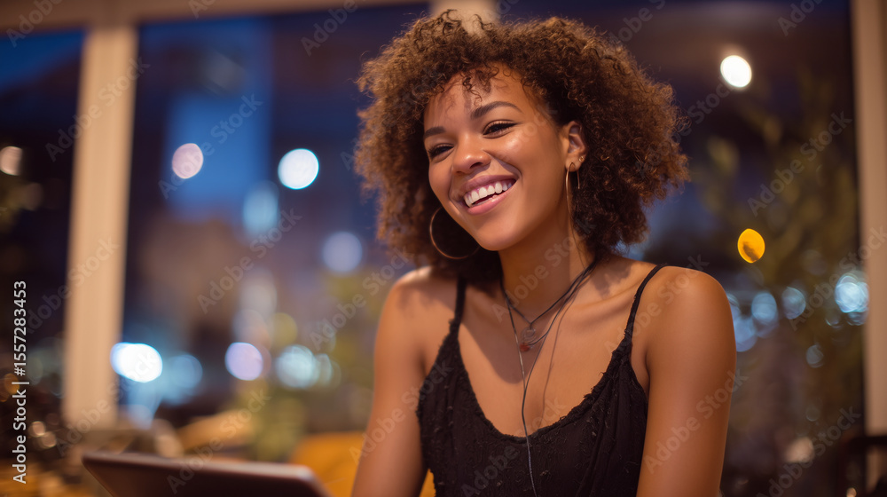 Portrait of a joyful Black woman laughing quietly, immersed in upbeat music, relaxed posture with tablet in hand, enjoying the calm moment before a busy conference schedule Portrait of a joyful Black woman laughing quietly, immersed in upbeat music, relaxed posture with tablet in hand, enjoying the calm moment before a busy conference schedule