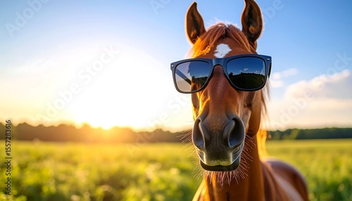 A majestic horse wearing sunglasses, standing proudly in an open field under natural light.