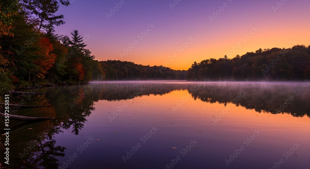 Serene lake landscape at sunrise or sunset, reflecting the beautiful sky and trees over calm water Serene lake landscape at sunrise or sunset, reflecting the beautiful sky and trees over calm water