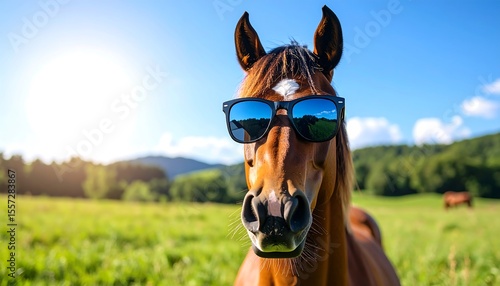 A majestic horse wearing sunglasses, standing proudly in an open field under natural light.