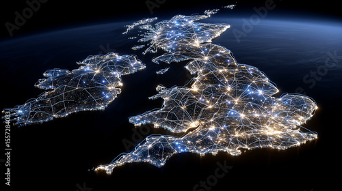 High-detail vector-style UK map with flowing communication arcs, global satellite coverage, and fiber links extending beyond its borders, symbolizing interconnected economies and d