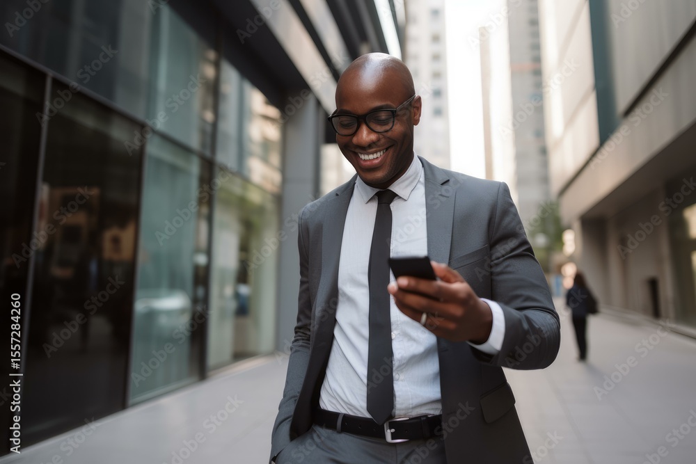 Fototapeta premium Happy african american manager using mobile phone app for business in metropolitan urban financial district