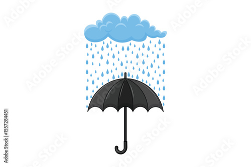 Cartoon-style umbrella with soft blue rain drops, flat vector artwork in pastel tones, creative design for rainy weather themes, nursery decor, and seasonal prints
