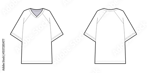 Oversized Baggy V neck T-shirt with Raglan Sleeves- Jersey Shirt- Front and Back View- Cad, Vector Illustration