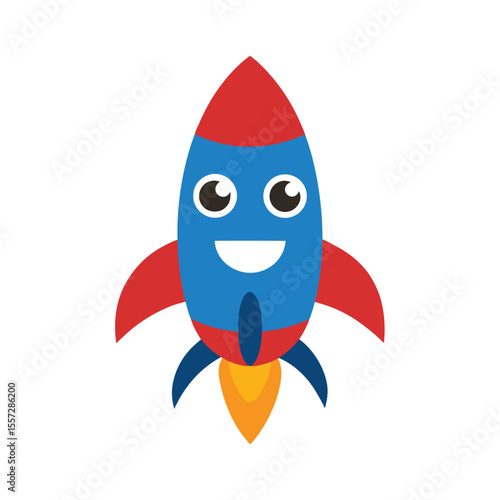 Blue red rocket with smiling cartoon eyes and flame