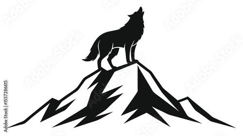 Majestic wolf silhouette on a mountain peak silhouette vector illustrations on white background