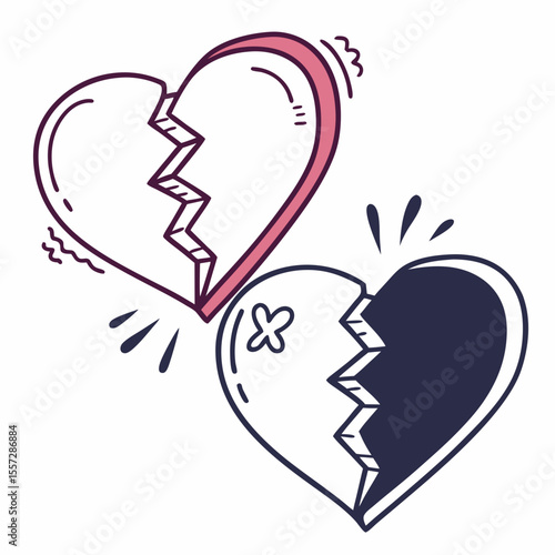 Broken hearts with jagged edges and splashes cracked